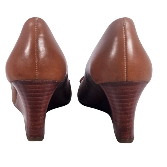 Tory Burch Women Cognac Wedge Pumps 6M Leather Logo, Fall Preppy, Quiet Luxury - Picture 4 of 15